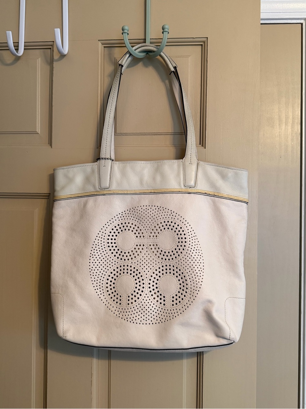 Coach White Leather Perforated Logo Tote